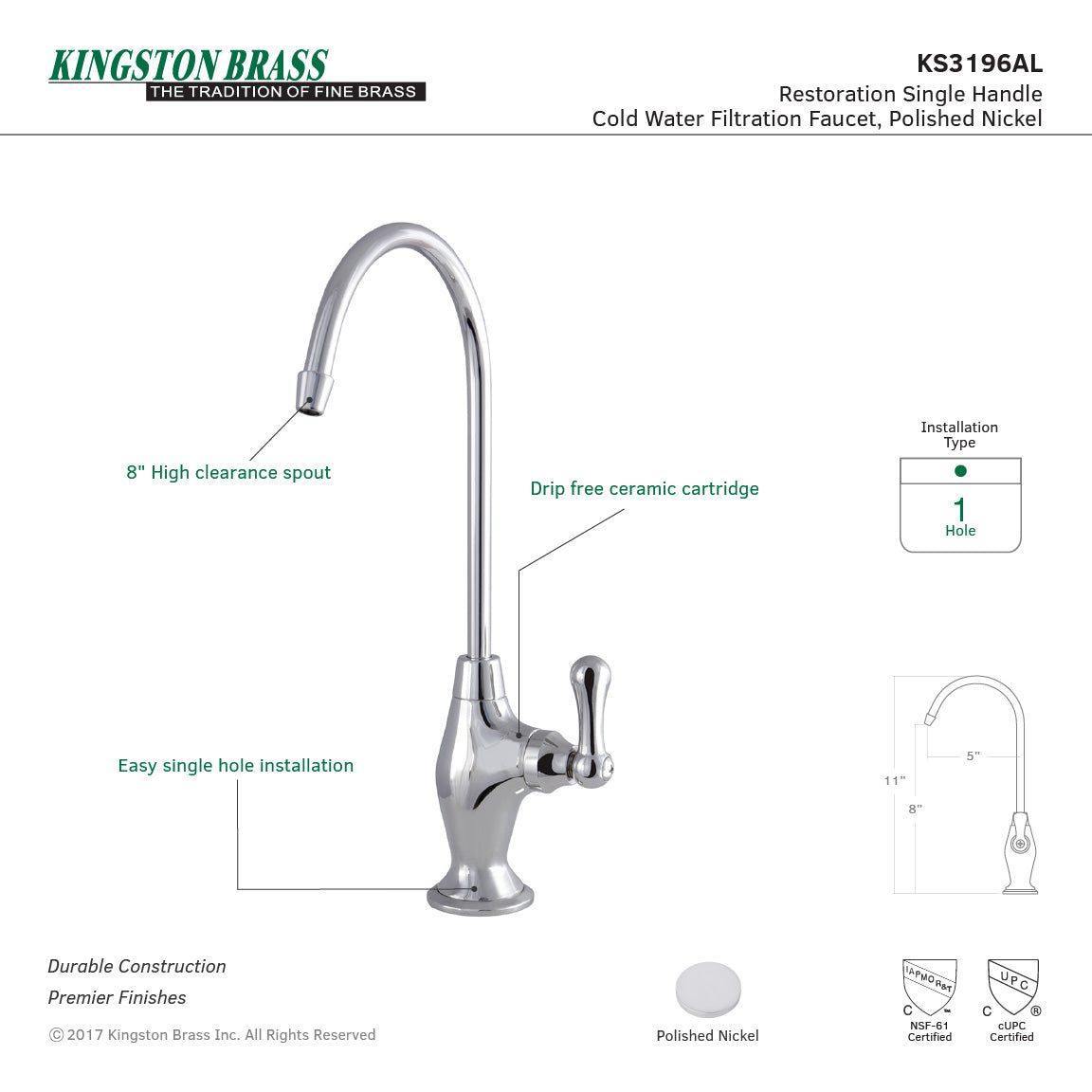 Kingston Heirloom KS3196AL - Restoration Single-Handle 1-Hole Deck Mount Water Filtration Faucet, Polished Nickel — thumbnail 2